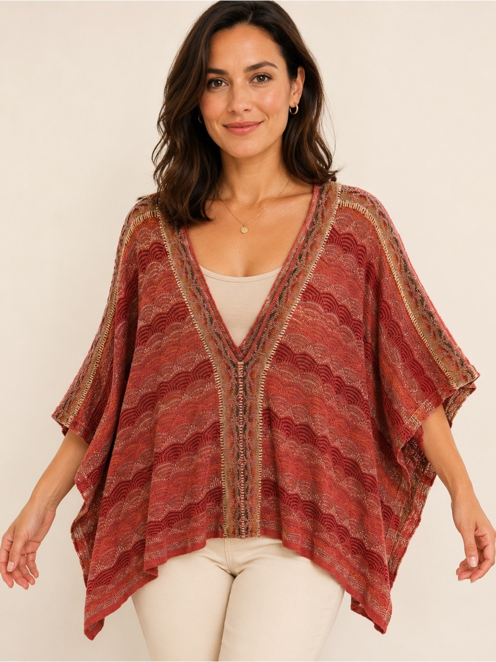 Cecilia Prado Coral Wave Knit Poncho Top Boho One Size